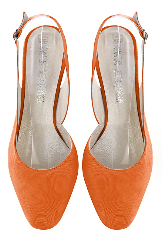 Clementine orange women's slingback shoes. Round toe. High kitten heels. Top view - Florence KOOIJMAN
